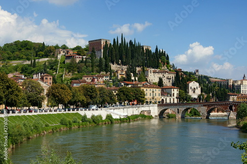 Panorama of the city of Verona. Bridge over the river Adige and the hill of San Pietro.