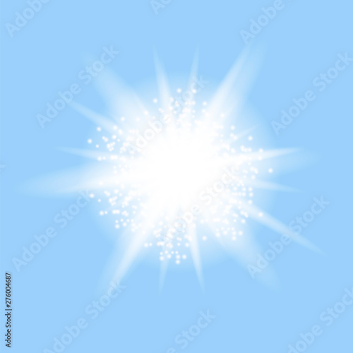 Fototapeta Naklejka Na Ścianę i Meble -  Sparkling Star, Glowing Light Explosion. Starburst with Sparkles on Blue Background.