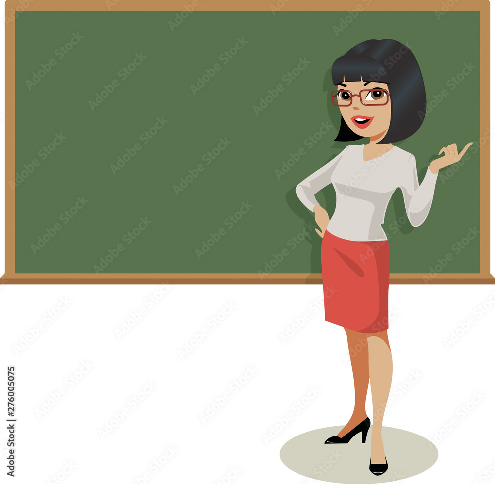 Young female teacher gestures in front of a traditional blackboard. Young female teacher gestures in front of a traditional blackboard.