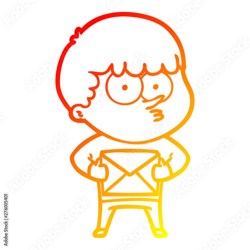 warm gradient line drawing cartoon curious boy carrying a gift