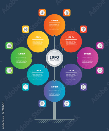 Business presentation or infographics concept with 8 options and 12 icons. Template of tree, chart or diagram. Vector info graphic of technology or education process with eight steps.