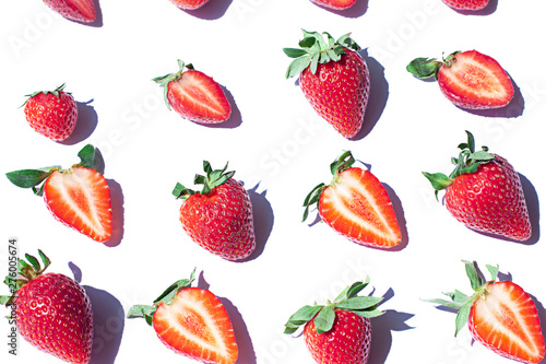 Fototapeta Naklejka Na Ścianę i Meble -  Strawberry seamless pattern on the noon light. Top view fresh berries on the white background