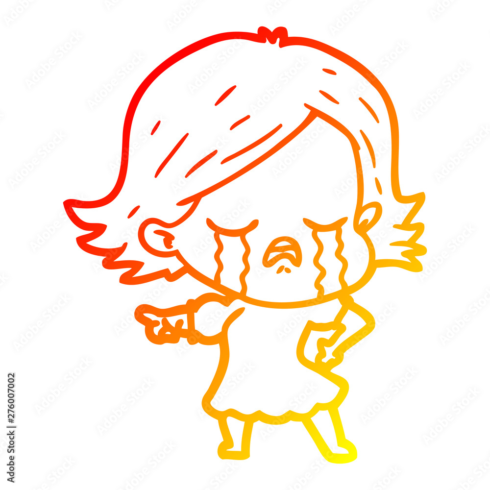 warm gradient line drawing cartoon girl crying and pointing