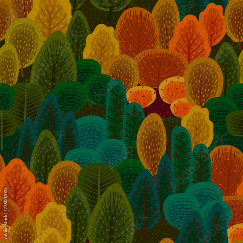 Abstract seamless pattern with autumn forest. Trees, bushes, grass, foliage.