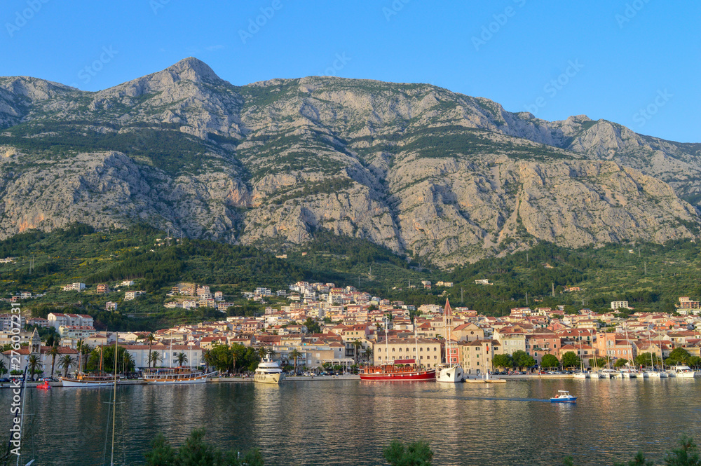 View of Makarska city center from the sea. Adriatic Sea coast, Dalmatia, Croatia