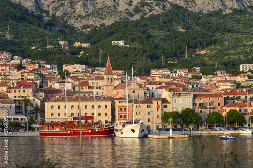 View of Makarska city center from the sea. Adriatic Sea coast, Dalmatia, Croatia © Vitali