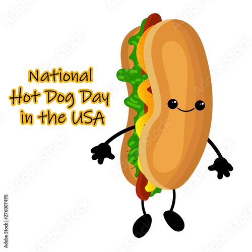 National Hot Dog Day poster with funny cartoon hot dog. Hot dog day label or stamp.