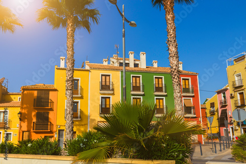 Colorful houses in the street of the old village of Villajoyosa, Costa Blanca, Spain photo