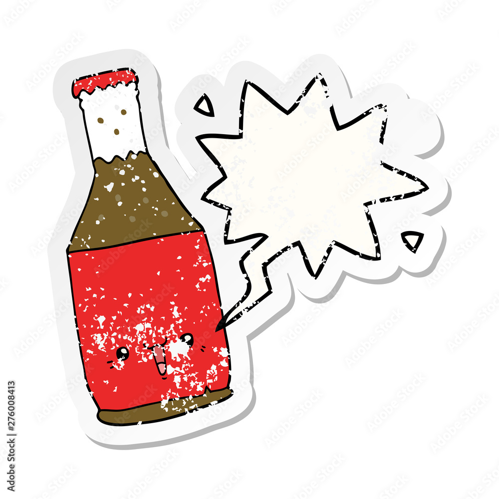 cartoon beer bottle and speech bubble distressed sticker