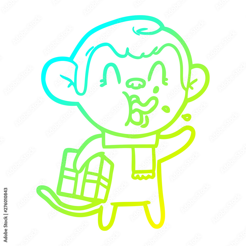 cold gradient line drawing crazy cartoon monkey with christmas present cold gradient line drawing crazy cartoon monkey with christmas present