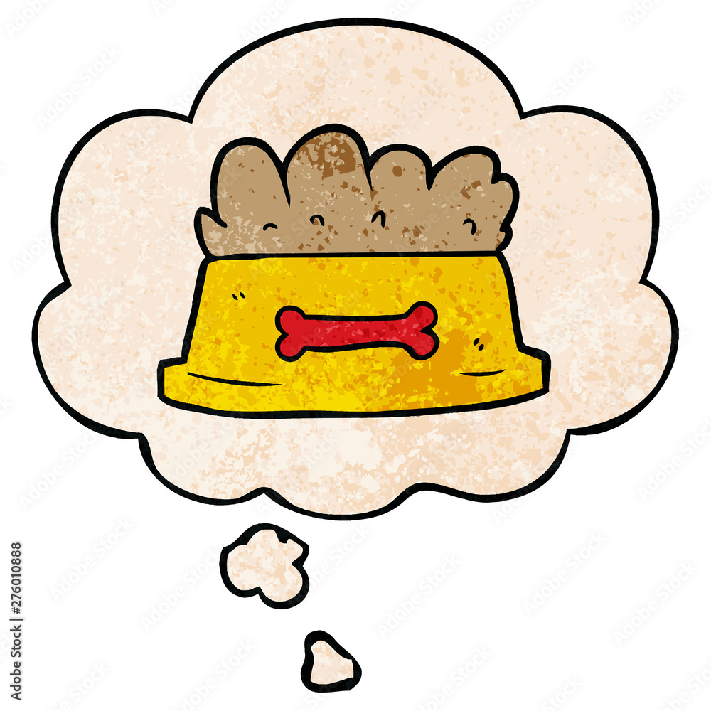 cartoon bowl of dog food and thought bubble in grunge texture pattern style cartoon bowl of dog food and thought bubble in grunge texture pattern style