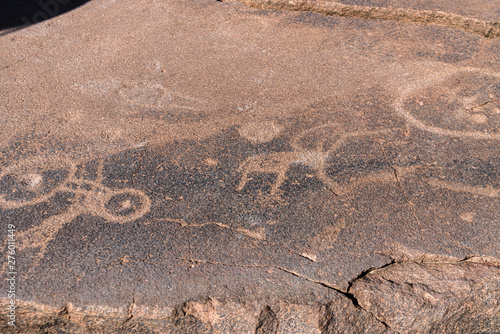 6000 year old stone age rock carvings showing a map of the location of animals in relation to water holes. Twyfelfontein, Namibia photo