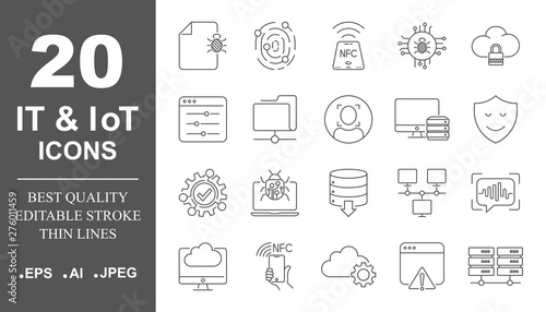 Operating system vector icon set in thin line style. IT and IoT icons, protection, networks. Editable Stroke. EPS 10