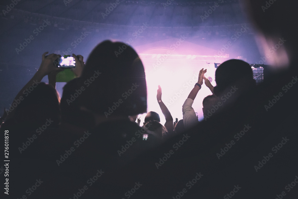 The bright spotlight shines on the dancing people. The audience applauds the musicians. Silhouette of a concert crowd.