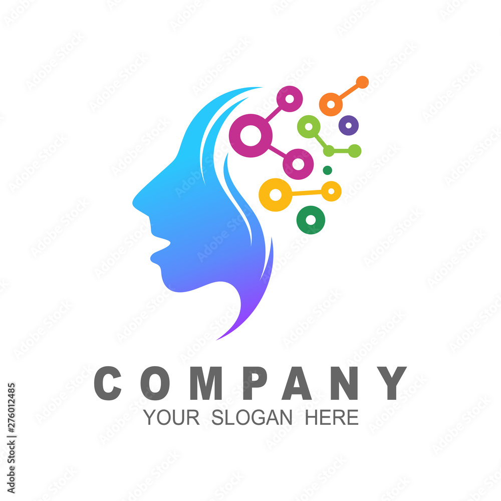 Vector girl face silhouette with colorful brain, creativity icon illustration