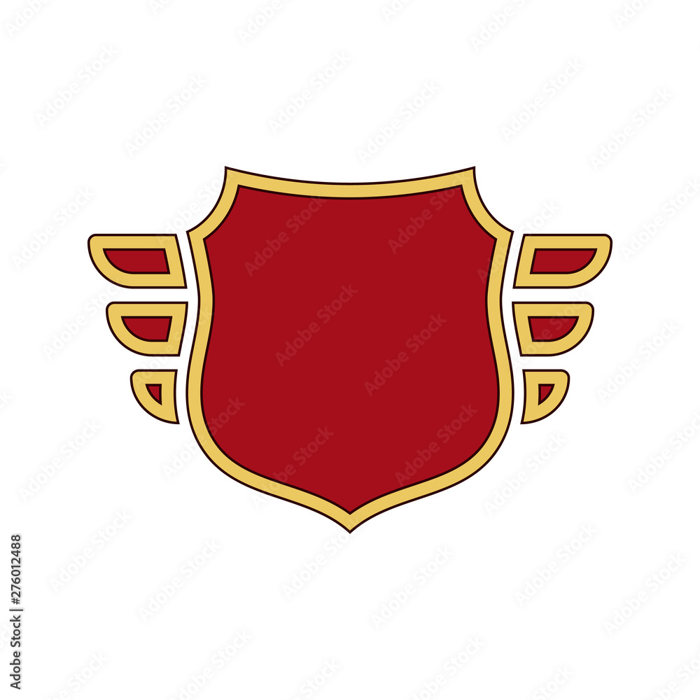 Shield red icon. Gold outline shield, golden simple wings isolated white background. Flat sign. Symbol arms, security badge, heraldic insignia, guard protect. Safety element crest. Vector illustration Shield red icon. Gold outline shield, golden simple wings isolated white background. Flat sign. Symbol arms, security badge, heraldic insignia, guard protect. Safety element crest. Vector illustration