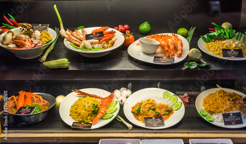 Decorated Food Samples with Prices in a Restaurant in Thailand