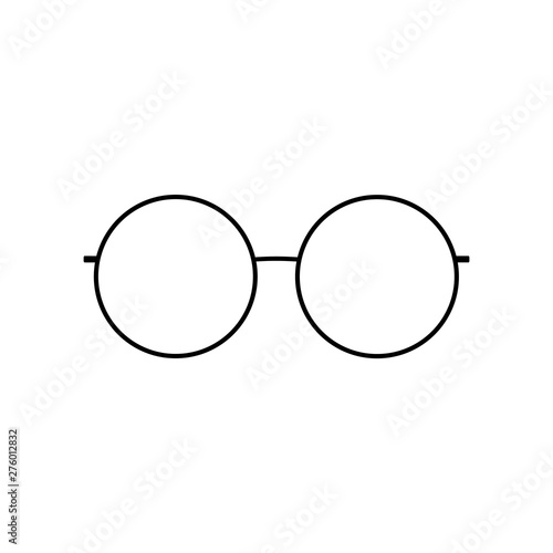 Round glasses icon. Silhouette of glasses, isolated white background. Modern cool graphic design. Black plastic eyeglasses. Old style accessory for eye protection. Fashion element. Vector illustration