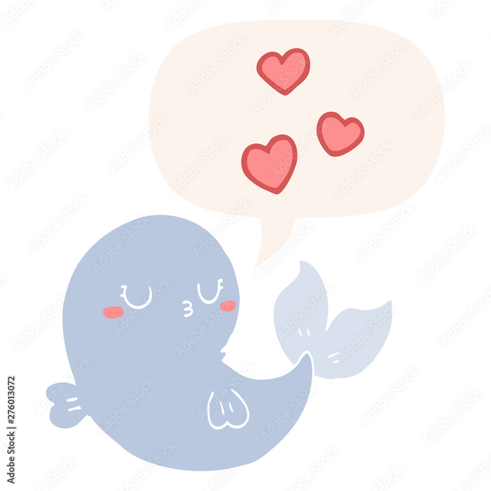 cute cartoon whale in love and speech bubble in retro style