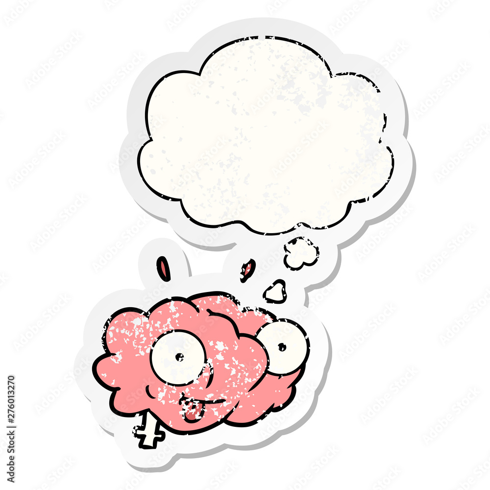 funny cartoon brain and thought bubble as a distressed worn sticker