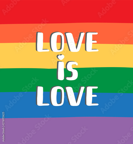 Vector flat cartoon lgbt love is love lettering isolated on rainbow flag background 