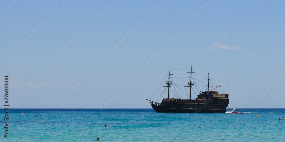 Pirate ship sailing near beach in Protaras, Cyprus on June 16, 2018. Pirate ship sailing near beach in Protaras, Cyprus on June 16, 2018.