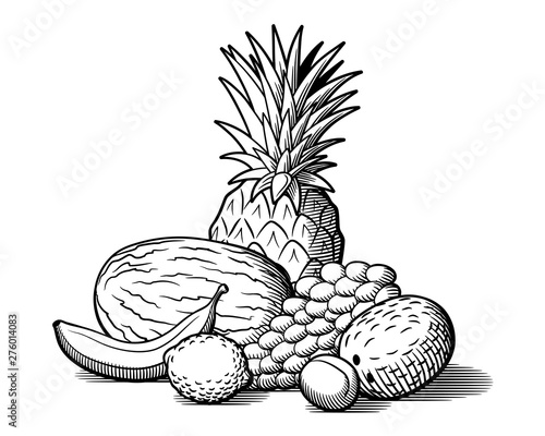 Composition of exotic tropical fruits. Pineapple, melon, grapes, coconut, banana, lemon and plum. Retro style black and white vector illustration