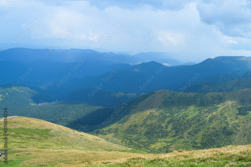 Panoramic view from Hoverla, Carpathian mountains, Ukraine. Horizontal outdoors shot