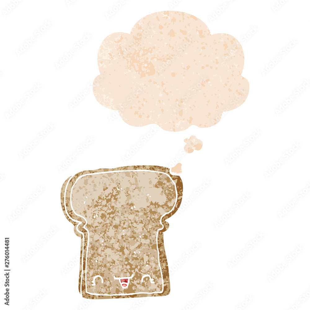 cute cartoon slice of bread and thought bubble in retro textured style
