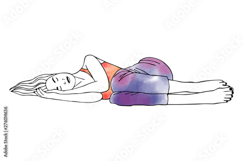 Vector hand drawn graphic illustration of cute watercolor girl. Black and white silhouette of beautiful woman in lie pose. Sexy pretty posing person, cartoon, sleep on its side and dream