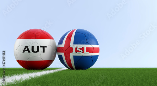 Austria vs. Iceland Soccer Match - Soccer balls in Austria and Iceland national colors on a soccer field. Copy space on the right side - 3D Rendering 
