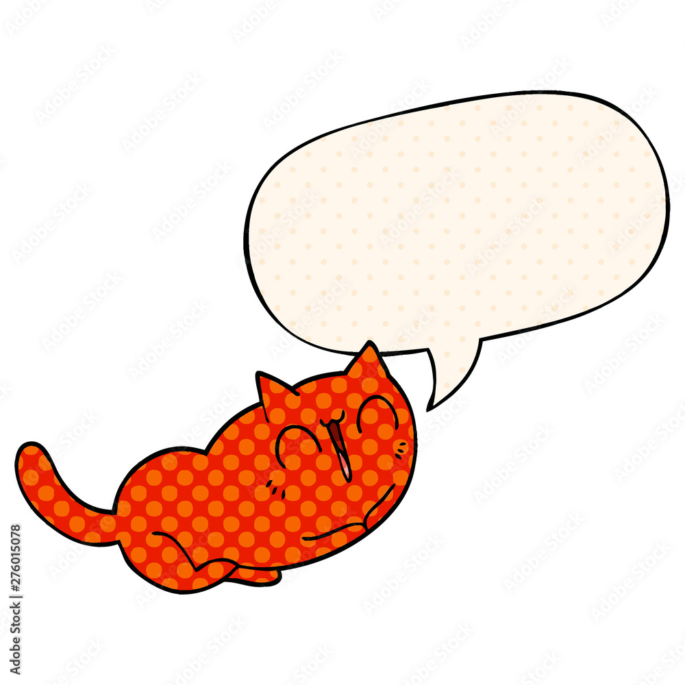 happy cartoon cat and speech bubble in comic book style
