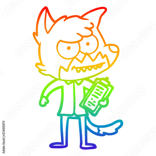 rainbow gradient line drawing cartoon grinning fox with clipboard