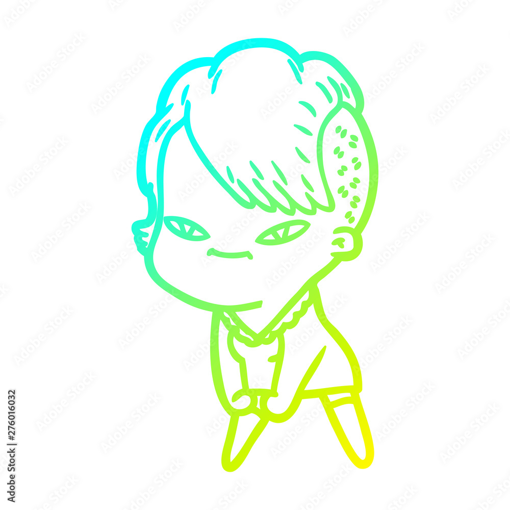 cold gradient line drawing cute cartoon girl with hipster haircut