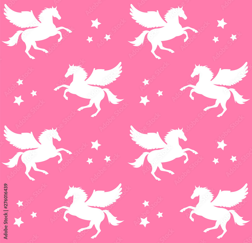 Vector seamless pattern of white pegasus silhouette with stars isolated on pastel pink background