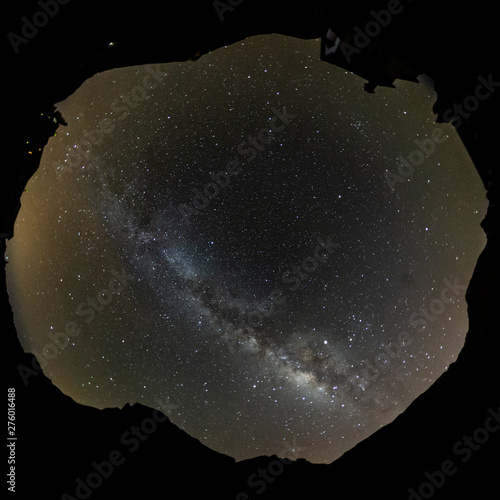 Circular shot of stars and milky way at hight sky via fish eye lens. Long Exposure. Square frame. Photo has a black circle border. National Park Teide, Tenerife