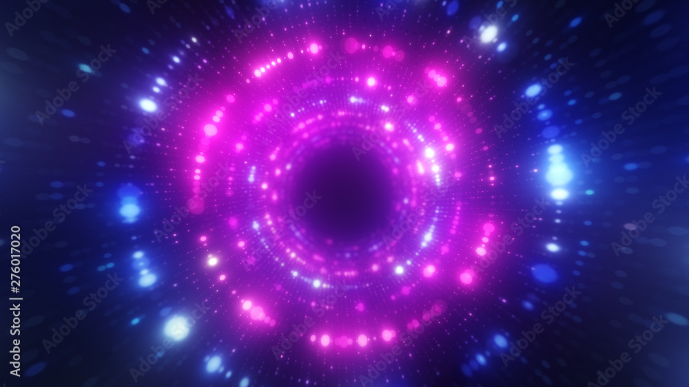 Bright abstract wavy motion background. Neon ultraviolet lamps. Glowing points of the spiral tunnel. Bright bright points. laser light. Modern pink and blue color spectrum. 3d illustration