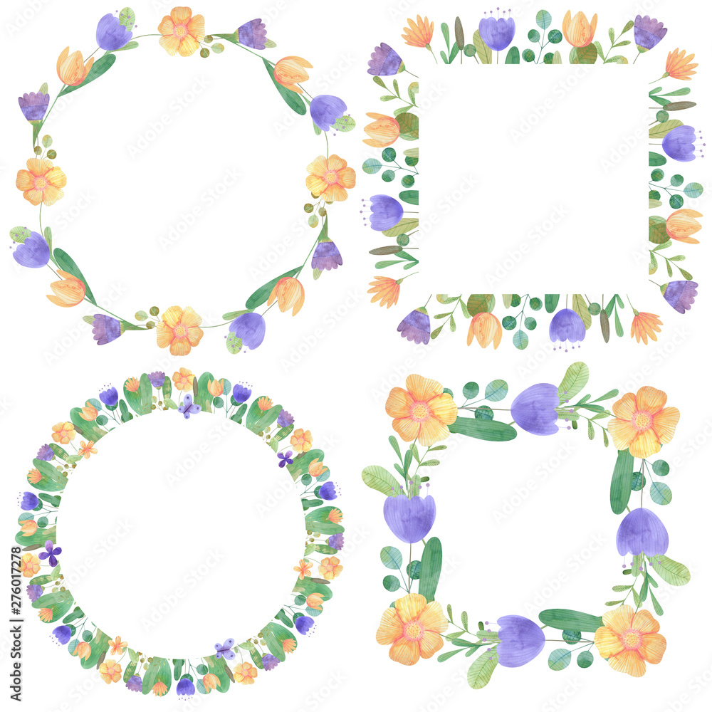 set of hand-drawn watercolor frames of stylized flowers set of hand-drawn watercolor frames of stylized flowers