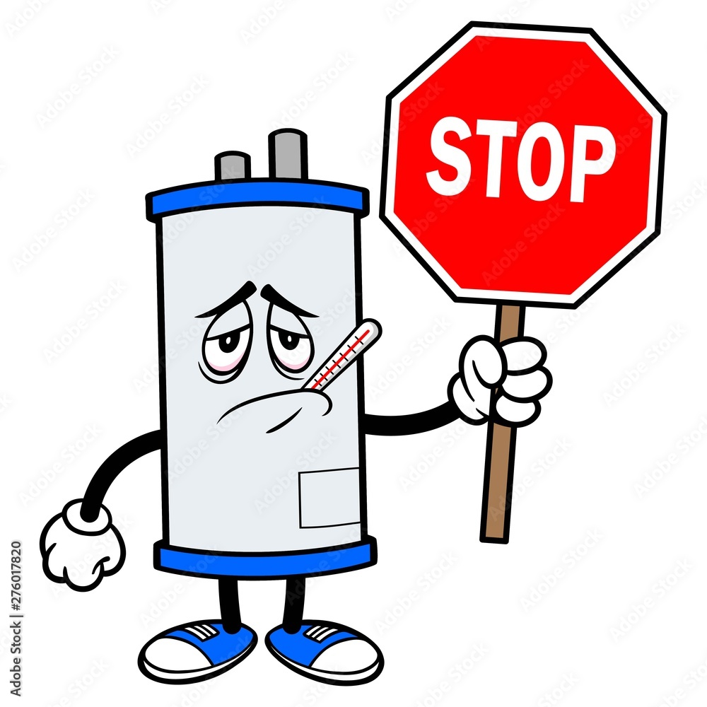 Water Heater Sick with Stop Sign A cartoon illustration of a sick