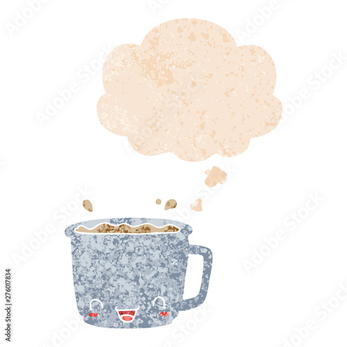 cartoon cup of coffee and thought bubble in retro textured style