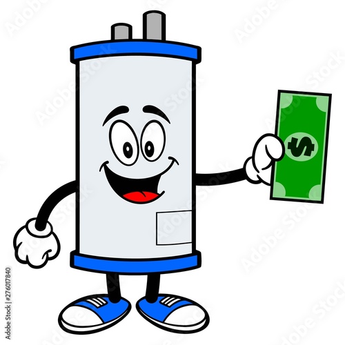 Water Heater with a Dollar - A cartoon illustration of a Water Heater Mascot with a Dollar.