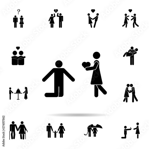The guy on his knees admits love icon. Universal set of people in love for website design and development, app development