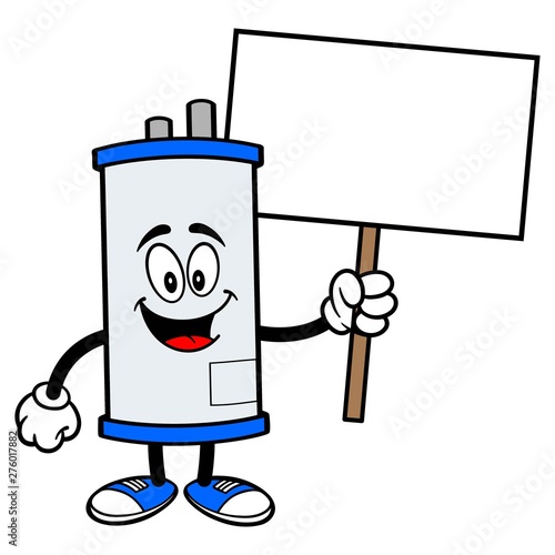 Water Heater with a Sign - A cartoon illustration of a Water Heater Mascot with a Sign.