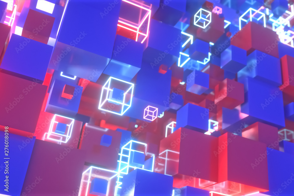 Abstract motion of colorful red and blue cubes with neon glowing cubes. 3d illustration Abstract motion of colorful red and blue cubes with neon glowing cubes. 3d illustration