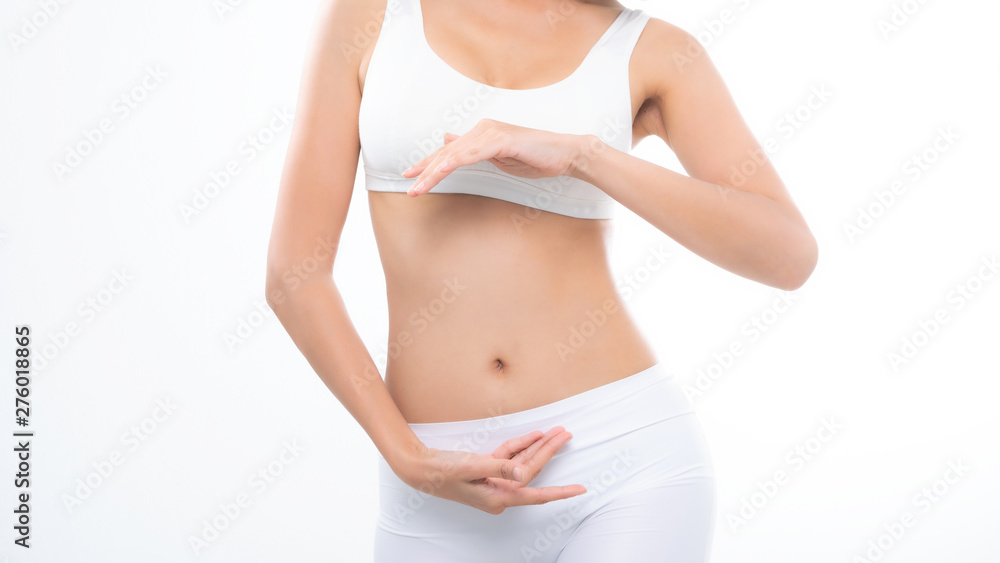 Close up woman beautiful body diet with hands around her stomach for copy space isolated on white background. Close up woman beautiful body diet with hands around her stomach for copy space isolated on white background.