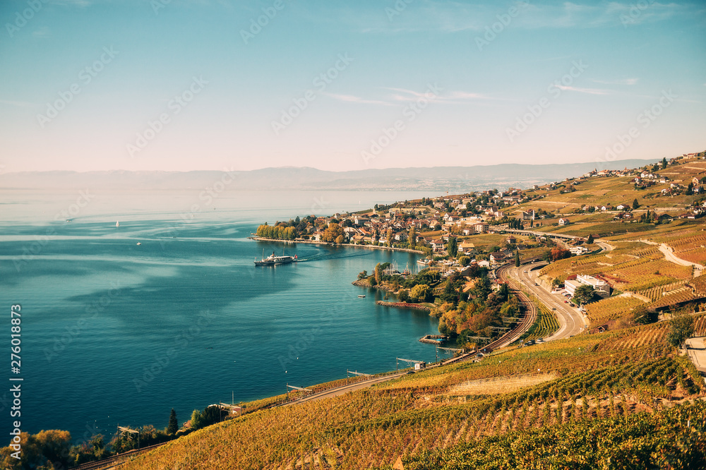 Amazing autumn landscape of Lavaux vineyards swiss riviera Lausanne area canton of Vaud Switzerland