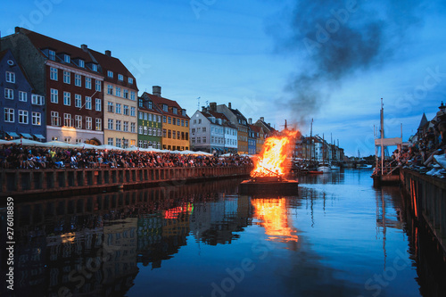Burning The witch on bonfire the middle of Nyhavn canal during Sankthans evning photo