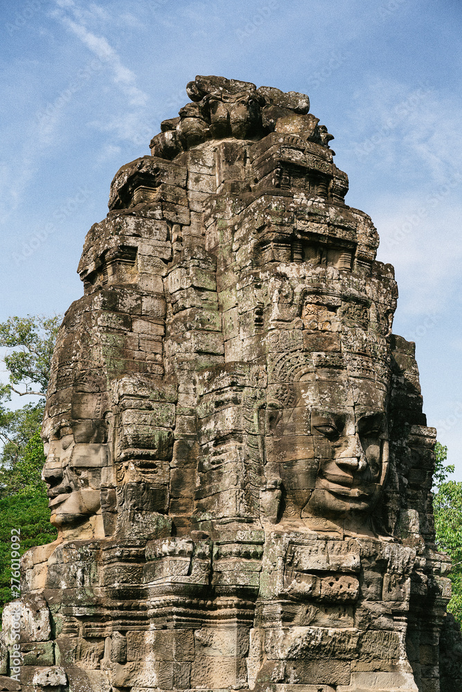 Close view of faces in the stone in Bayon Temple, Angkor Thom, Siem Reap in Cambodia.
