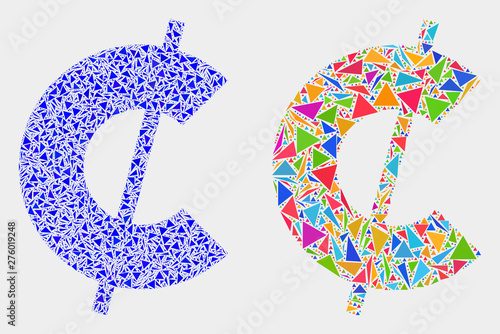Cent symbol collage icon of triangle items which have different sizes and shapes and colors. Geometric abstract vector illustration of cent symbol.