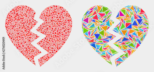 Broken heart collage icon of triangle elements which have various sizes and shapes and colors. Geometric abstract vector illustration of broken heart.